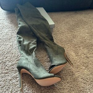 Thigh high peep toe boot olive green